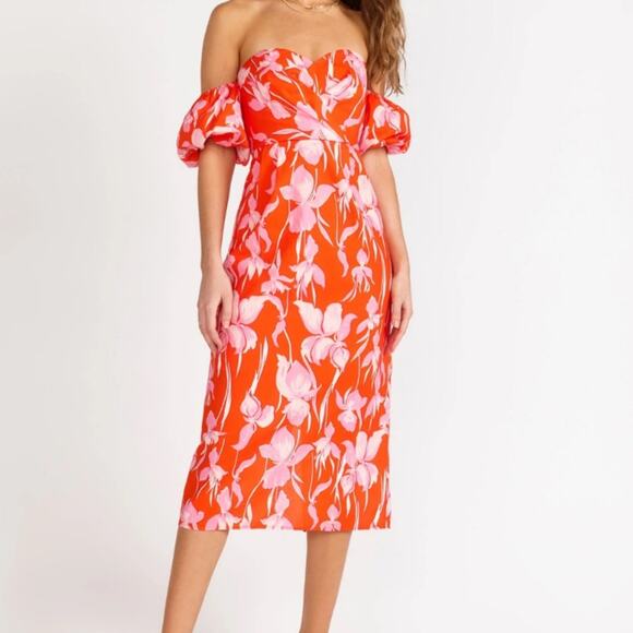 Lena Orange and Pink Floral Off the Shoulder Midi Dress Medium - Picture 1 of 6